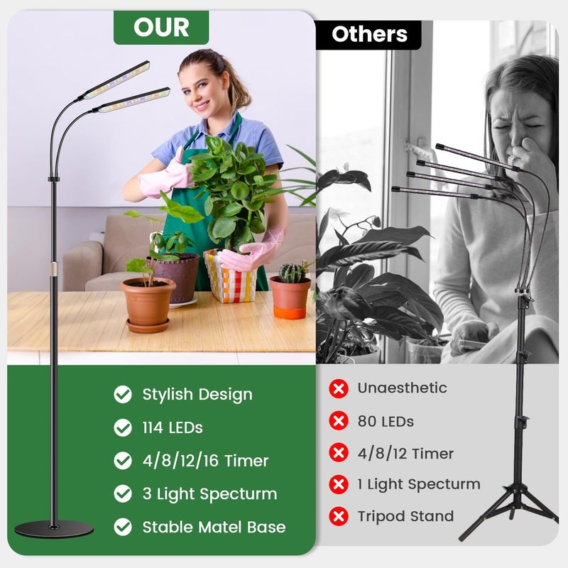 Kullsinss Black Floor Grow Lights for Indoor Plants, 2-Heads Full Spectrum LED Plant Grow Light with 4/8/12/16H Timer, 3 Color Modes, 24-68.7in Hight Adjustable Grow Lamp for Tall Large Indoor Plants - Image 3